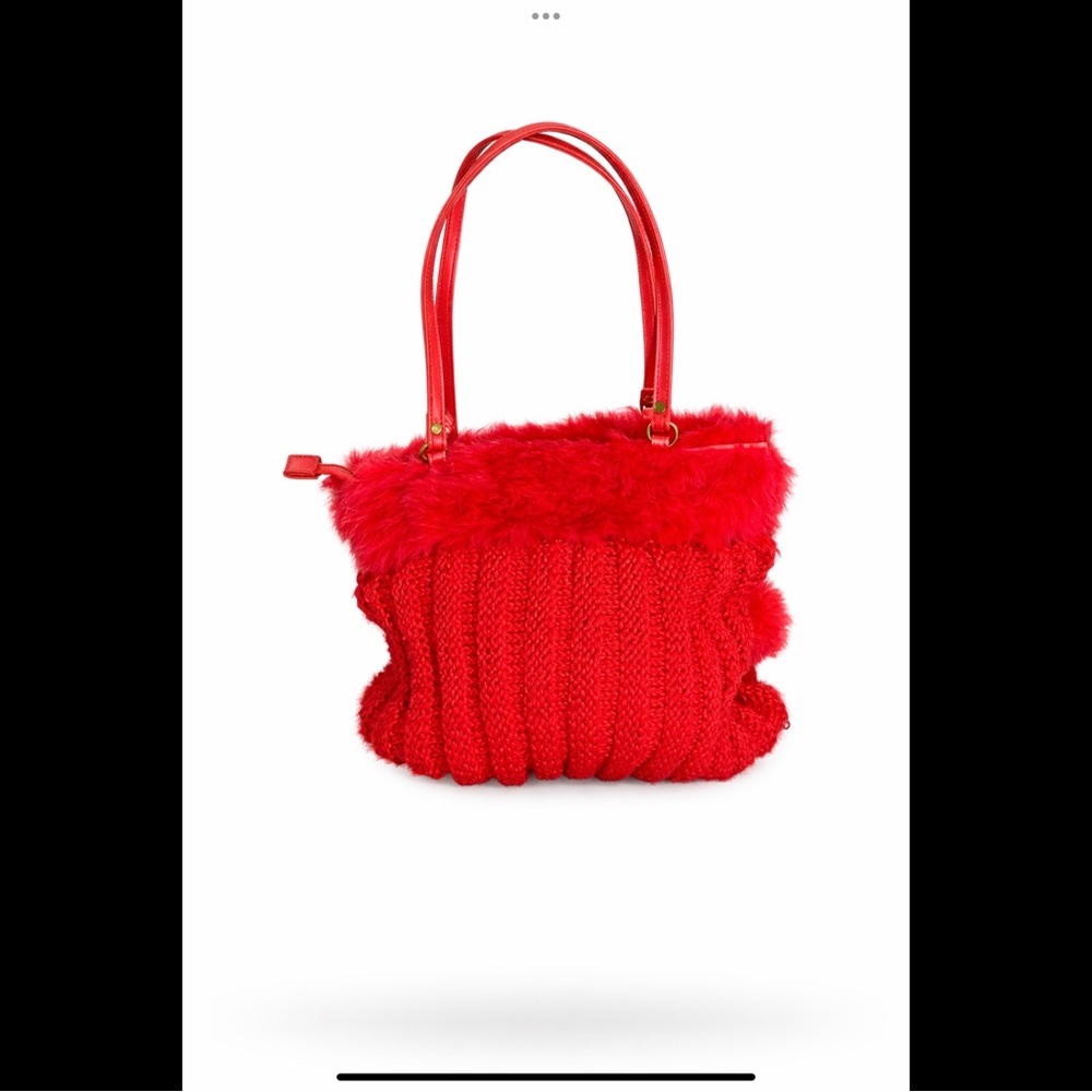 Murval Paris Bright Red Knit Clutch with Dyed Rabbit Fur Border/Pompoms Pouch